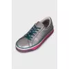 Silver leather lace-up sneakers