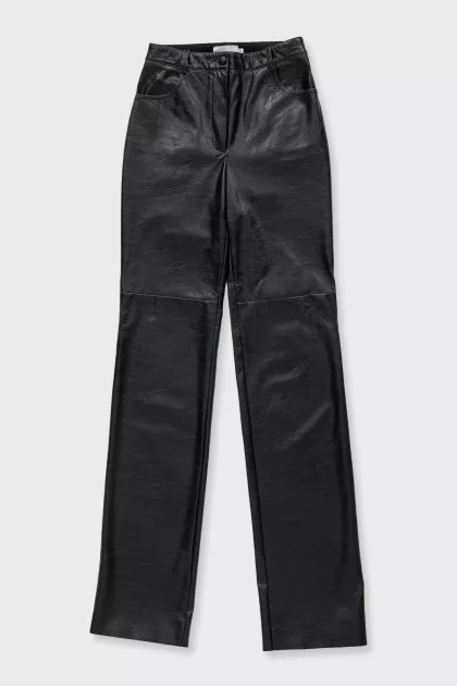 Black faux leather straight-leg trousers