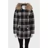 Checkered wool down jacket with raccoon fur