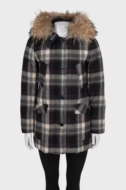 Checkered wool down jacket with raccoon fur