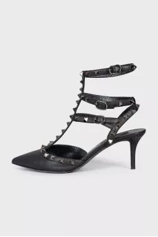 Rockstud black leather slingbacks