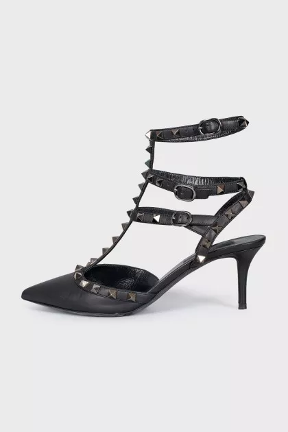 Rockstud black leather slingbacks