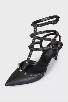 Rockstud black leather slingbacks