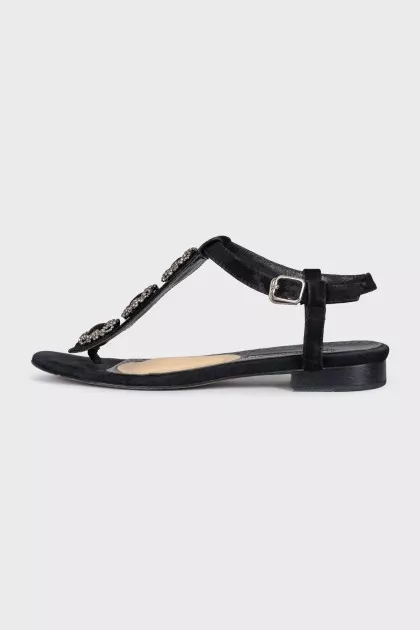 Black suede sandals with rhinestones