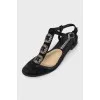 Black suede sandals with rhinestones