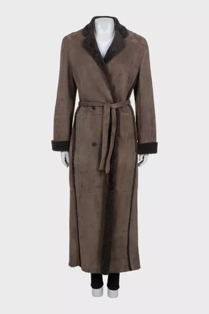 Brown sheepskin coat with a belt