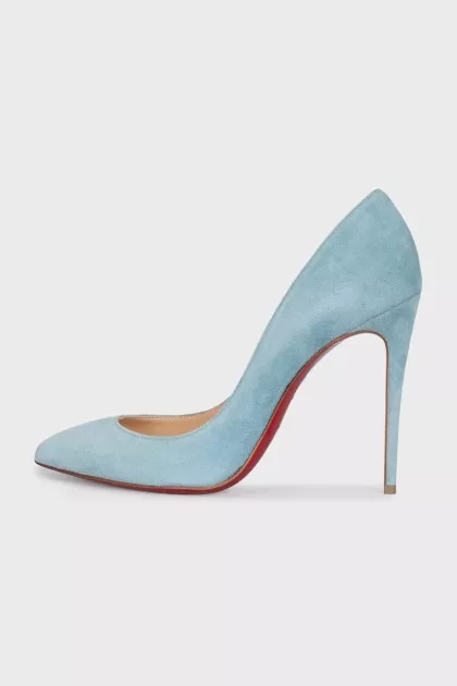 Blue suede pumps with tag