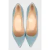 Blue suede pumps with tag