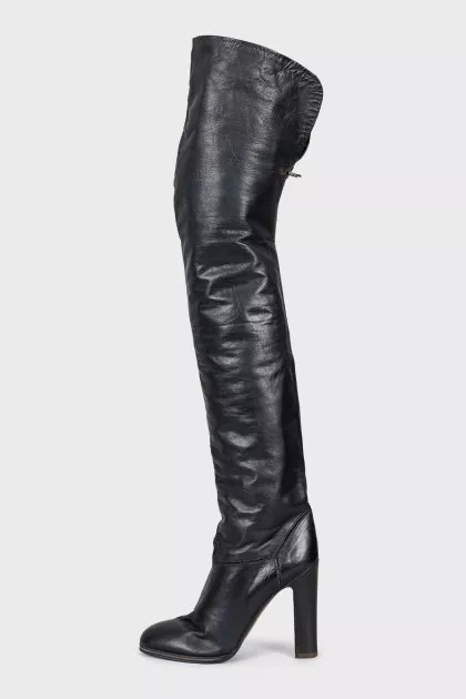 Leather over-the-knee boots with a stacked heel