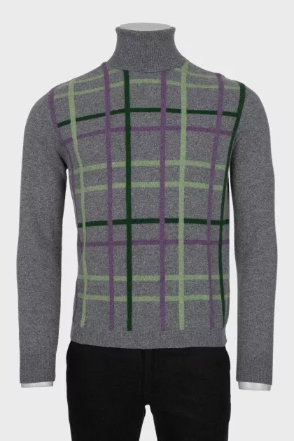 Men's wool and cashmere checkered turtleneck