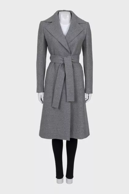 Gray wool coat with a belt