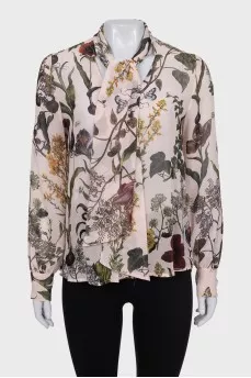 Semi-sheer printed tie-up blouse