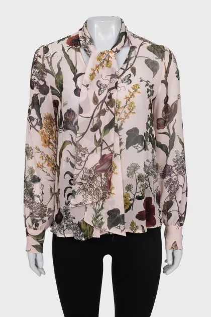 Semi-sheer printed tie-up blouse
