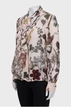 Semi-sheer printed tie-up blouse