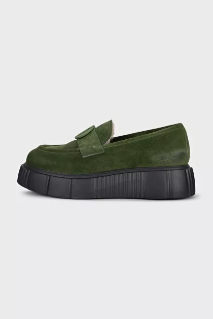 Insulated green suede loafers