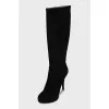 Black suede high boots with a zipper