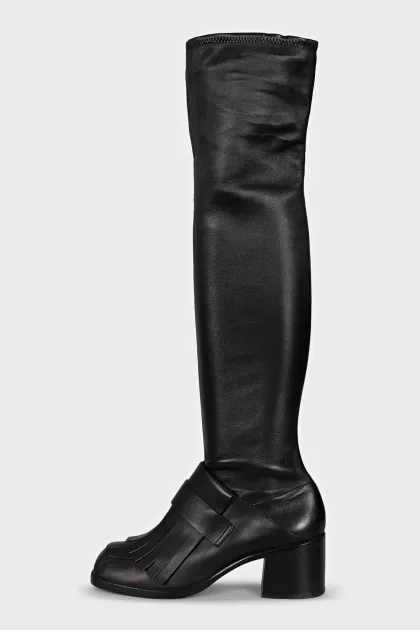 Black over-the-knee boots with leather tassels