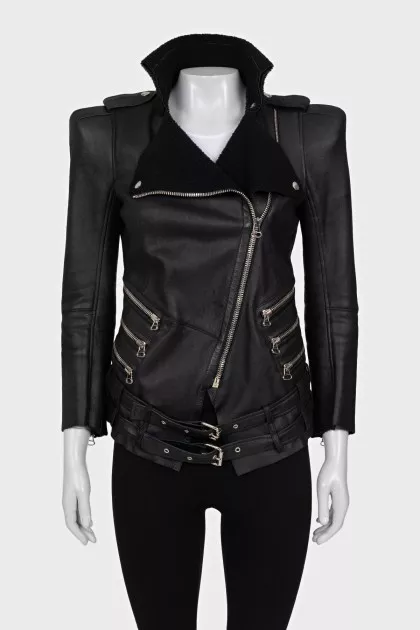Yanenka leather sheepskin coat with accent shoulders