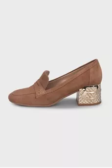 Suede shoes with a metallic heel