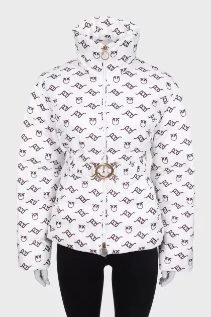 White printed down jacket with a belt