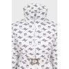 White printed down jacket with a belt