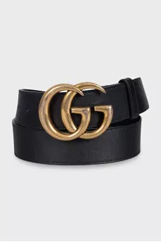 Black leather belt with logo buckle