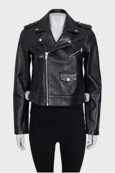 Black leather jacket with tag