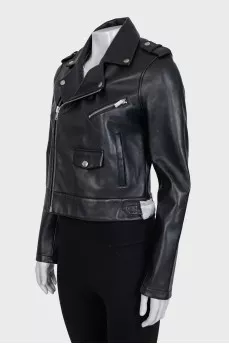 Black leather jacket with tag