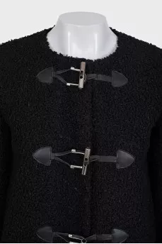 Black collarless coat