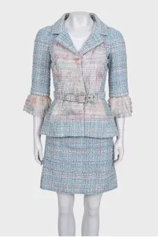 Light blue tweed suit with a belt