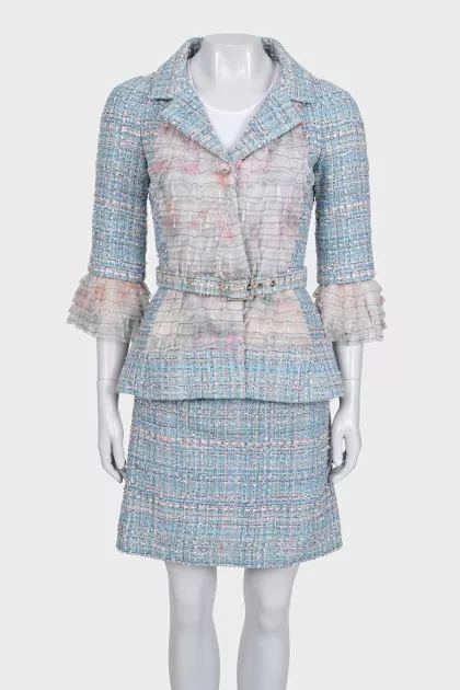 Light blue tweed suit with a belt