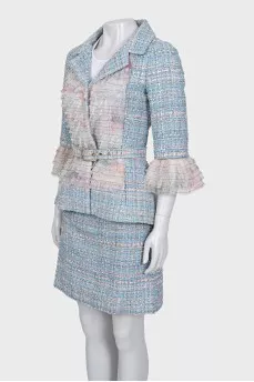 Light blue tweed suit with a belt