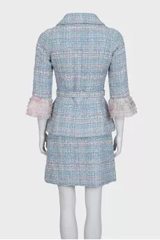 Light blue tweed suit with a belt