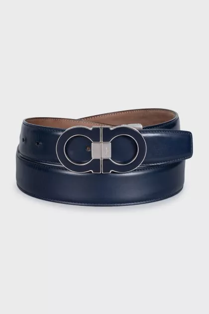 Men's Double-sided Leather Belt with Blue Buckle