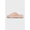 Beige leather flip-flops with high soles