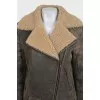 Straight sheepskin coat with a belt and zippers on the sleeves