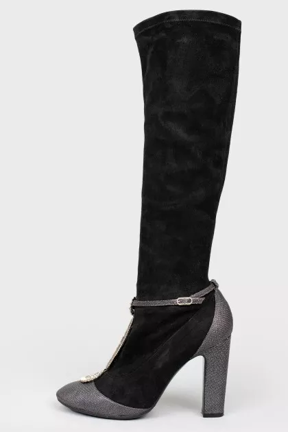High boots without fasteners with rhinestones