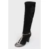 High boots without fasteners with rhinestones