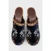 Velor mules with studs and embroidery