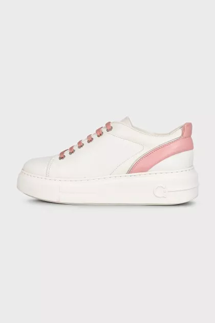 White leather sneakers with pink inserts