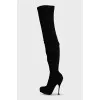 Black suede over-the-knee boots with a zipper