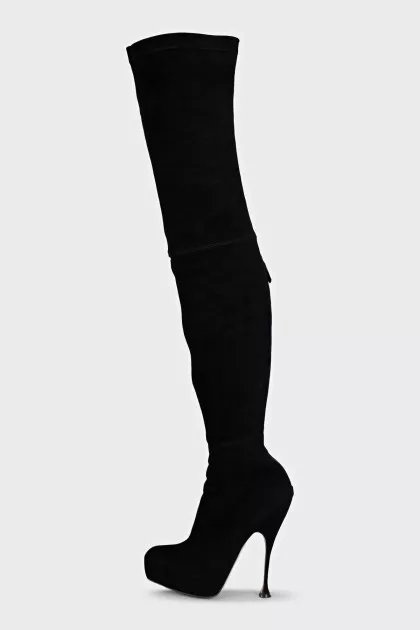 Black suede over-the-knee boots with a zipper