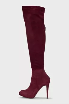 Burgundy suede over-the-knee boots