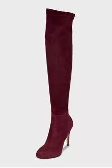 Burgundy suede over-the-knee boots
