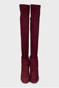 Burgundy suede over-the-knee boots