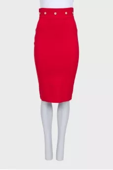 Red pencil skirt with gold buttons