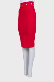 Red pencil skirt with gold buttons