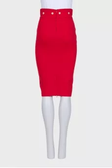 Red pencil skirt with gold buttons