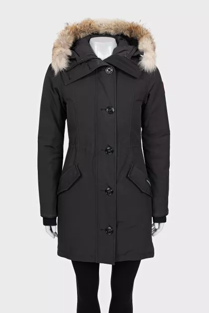 Black parka with a fur hood