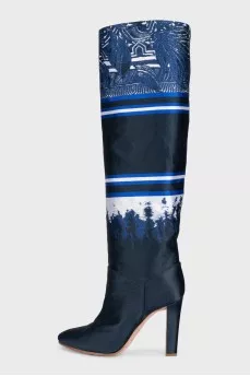 Printed textile over-the-knee boots with heels
